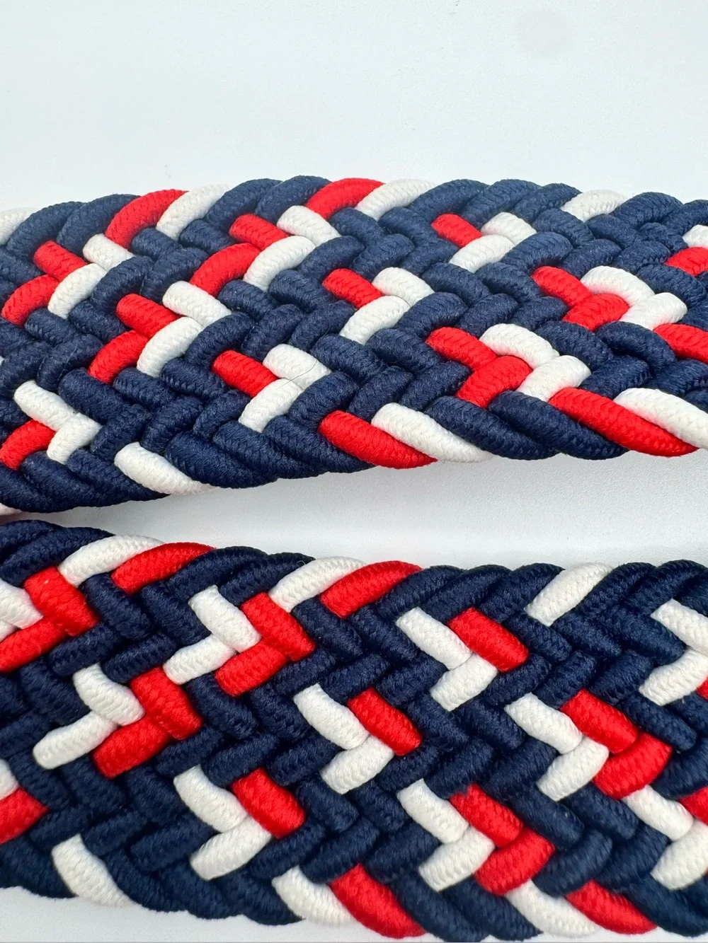 Vintage Braided Stretch Belt Navy Red White Brown Leather Trim Preppy Nautical